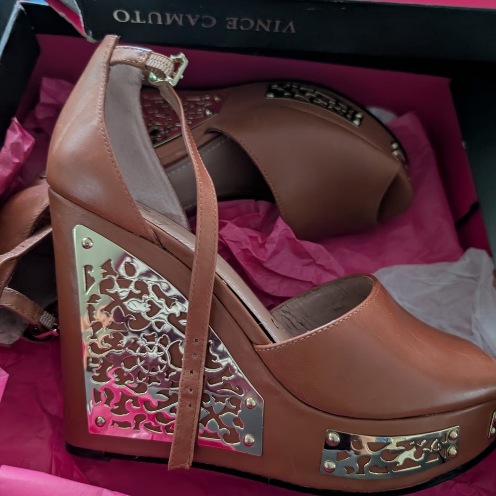 Vince Camuto Tan Wedges with Gold Accents